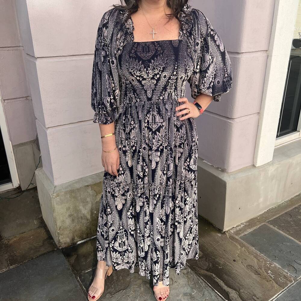 NEW FATE burnout velvet square neck midi dress in navy